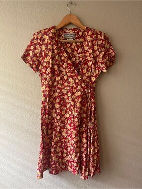 Vintage 90s Jonathan Martin Red Floral Wrap Dress with Yellow Daisy Print